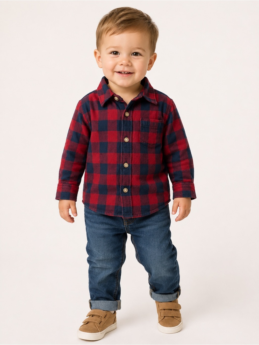 H&M Red & Navy Buffalo Plaid Flannel Button-Up Shirt | Toddler Boys 12-18M
